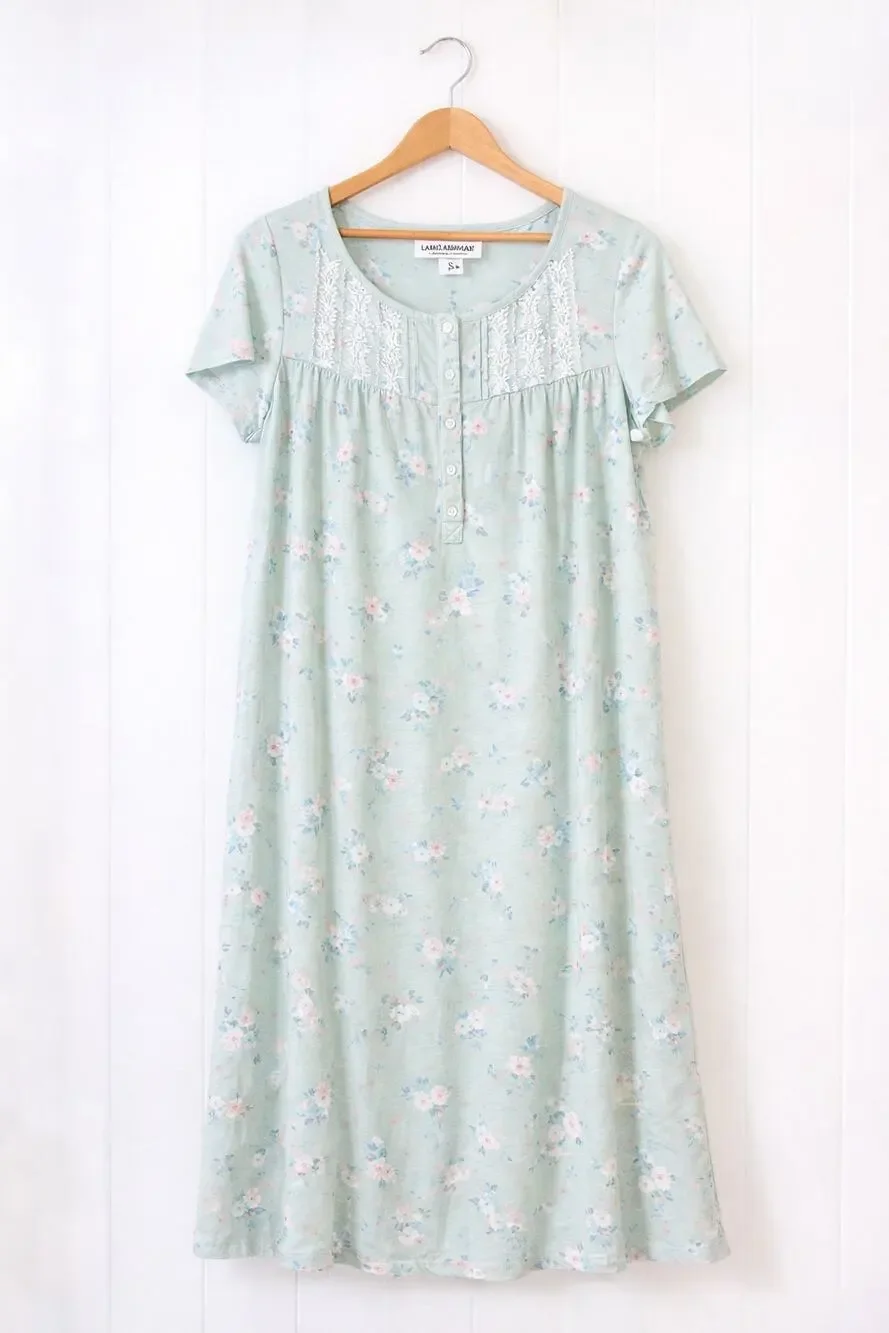 Laura Ashley Nightgown Floral Cotton Sleep Dress Short Sleeve Size Small